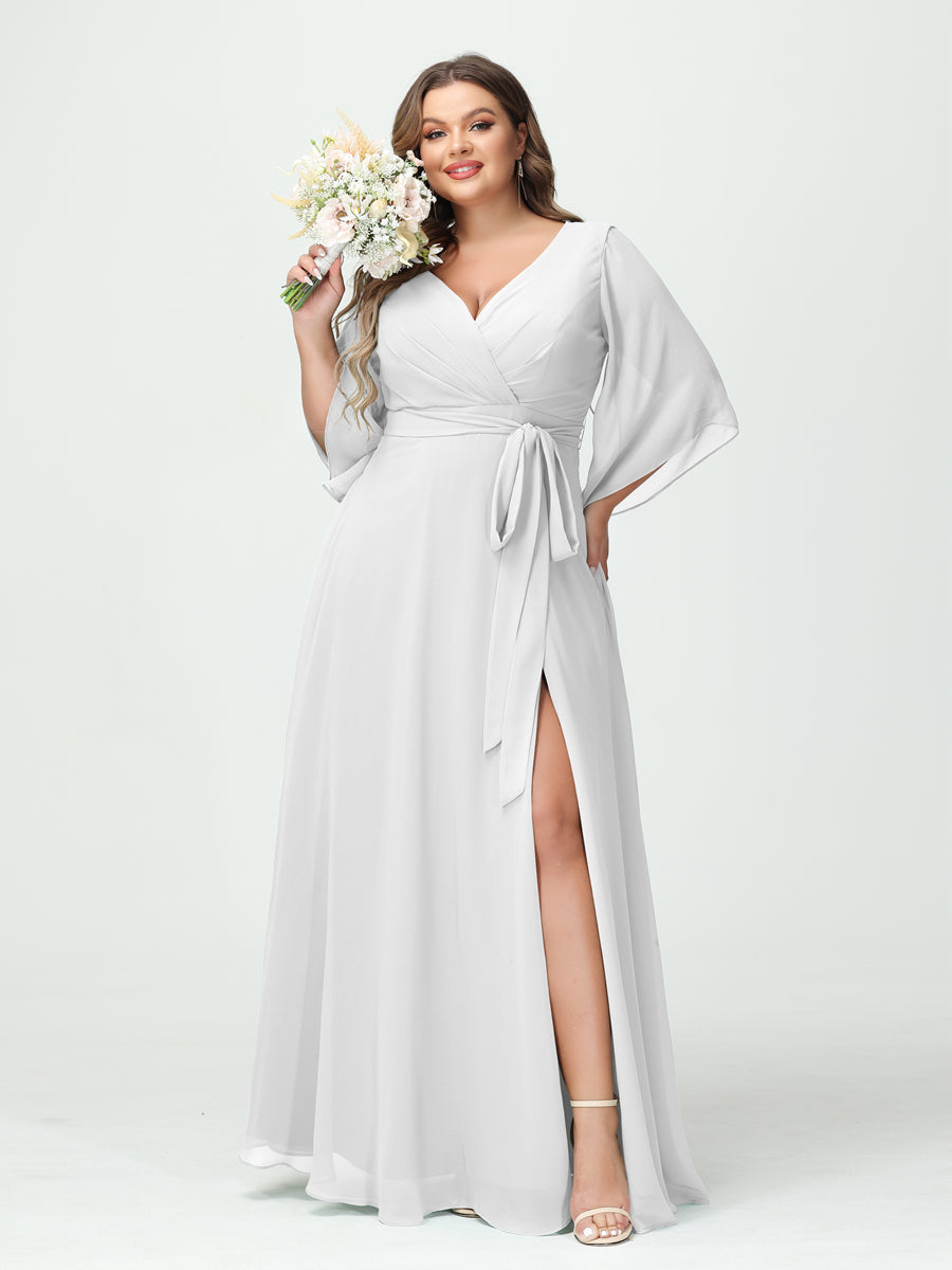 A-Line/Princess V-Neck Long Sleeves Chiffon Split Side Plus Size Bridesmaid Dresses With Pockets Belt - 画像 (20)