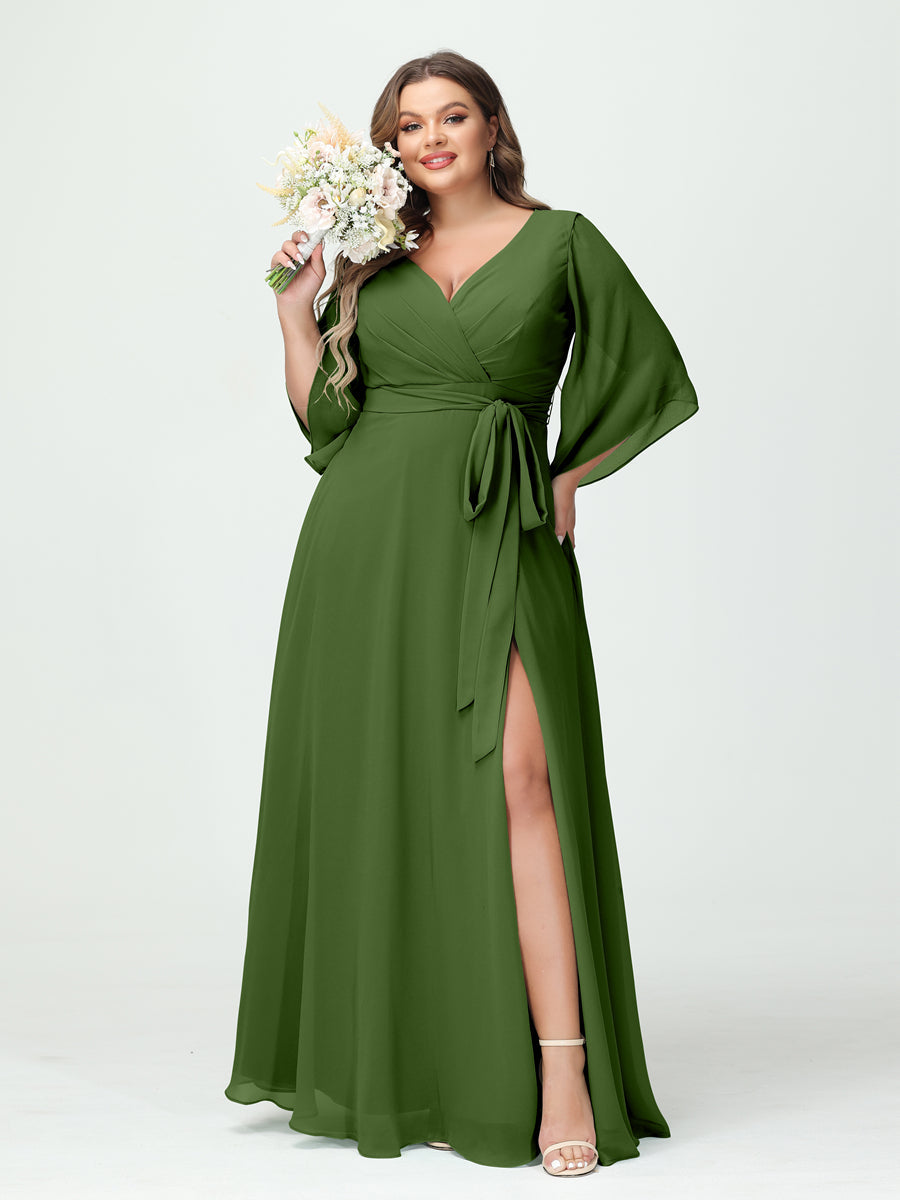 A-Line/Princess V-Neck Long Sleeves Chiffon Split Side Plus Size Bridesmaid Dresses With Pockets Belt - 画像 (65)
