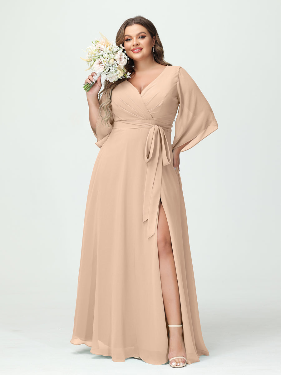 A-Line/Princess V-Neck Long Sleeves Chiffon Split Side Plus Size Bridesmaid Dresses With Pockets Belt - 画像 (29)