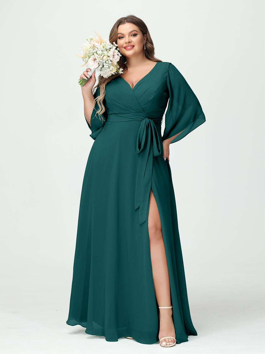 A-Line/Princess V-Neck Long Sleeves Chiffon Split Side Plus Size Bridesmaid Dresses With Pockets Belt - 画像 (66)