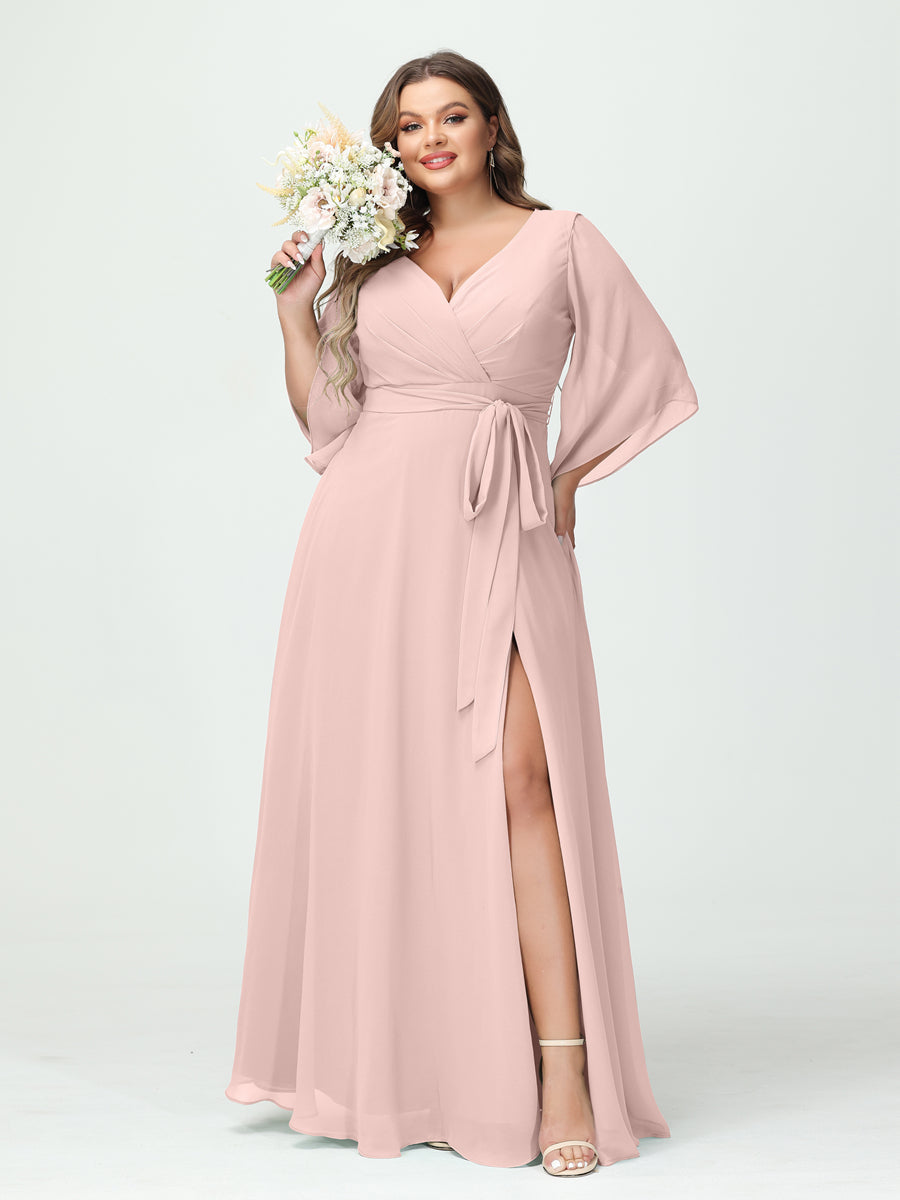A-Line/Princess V-Neck Long Sleeves Chiffon Split Side Plus Size Bridesmaid Dresses With Pockets Belt - 画像 (26)