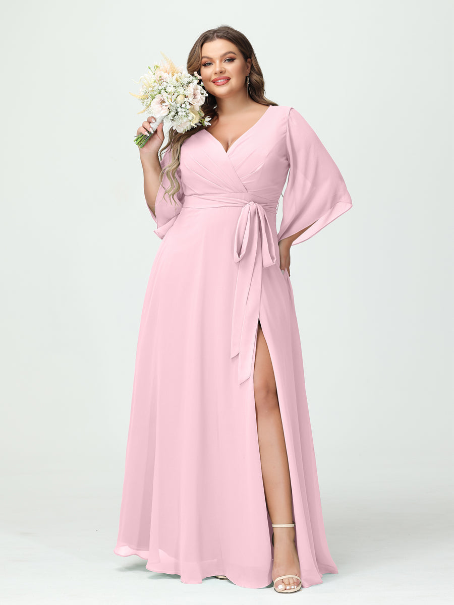 A-Line/Princess V-Neck Long Sleeves Chiffon Split Side Plus Size Bridesmaid Dresses With Pockets Belt - 画像 (25)