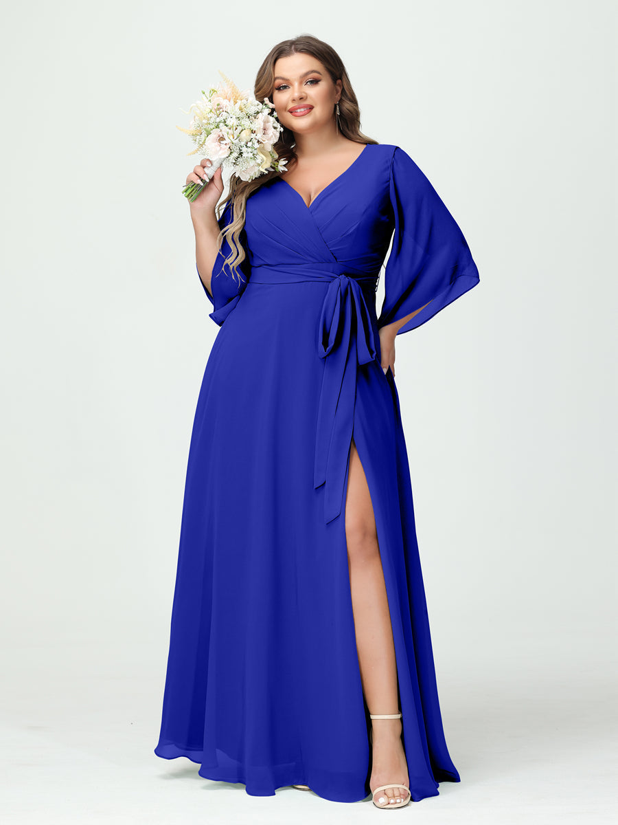 A-Line/Princess V-Neck Long Sleeves Chiffon Split Side Plus Size Bridesmaid Dresses With Pockets Belt - 画像 (55)