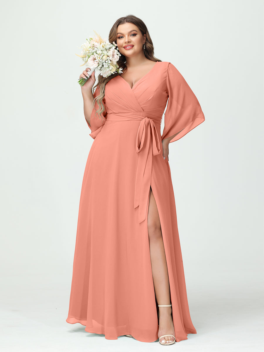 A-Line/Princess V-Neck Long Sleeves Chiffon Split Side Plus Size Bridesmaid Dresses With Pockets Belt - 画像 (15)