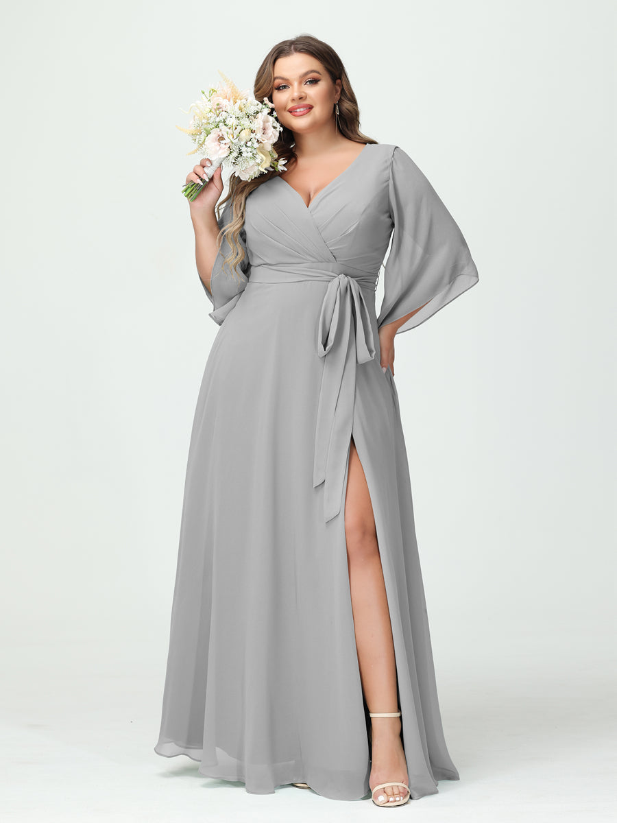 A-Line/Princess V-Neck Long Sleeves Chiffon Split Side Plus Size Bridesmaid Dresses With Pockets Belt - 画像 (22)