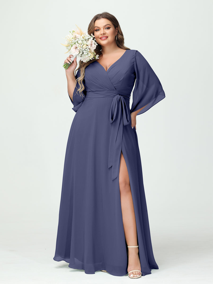 A-Line/Princess V-Neck Long Sleeves Chiffon Split Side Plus Size Bridesmaid Dresses With Pockets Belt - 画像 (57)