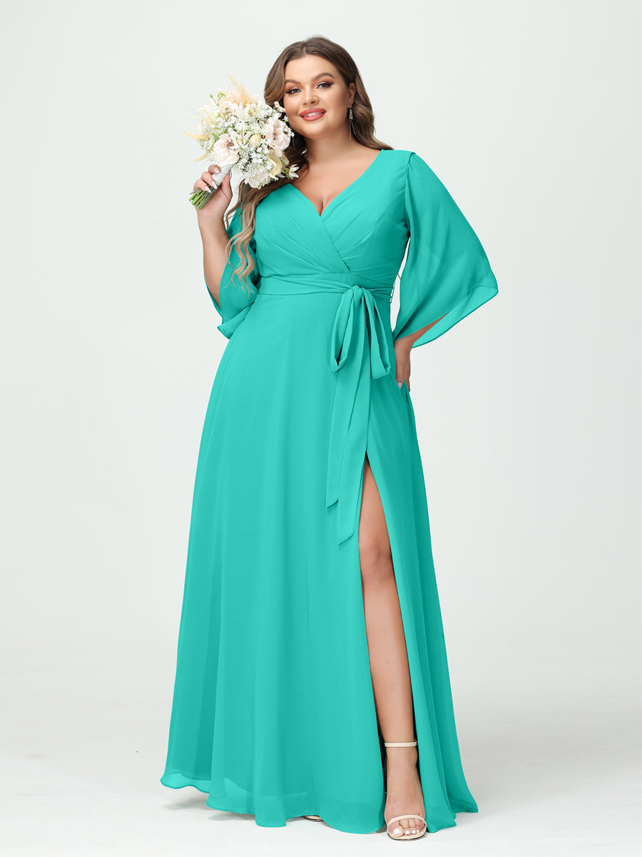A-Line/Princess V-Neck Long Sleeves Chiffon Split Side Plus Size Bridesmaid Dresses With Pockets Belt - 画像 (63)