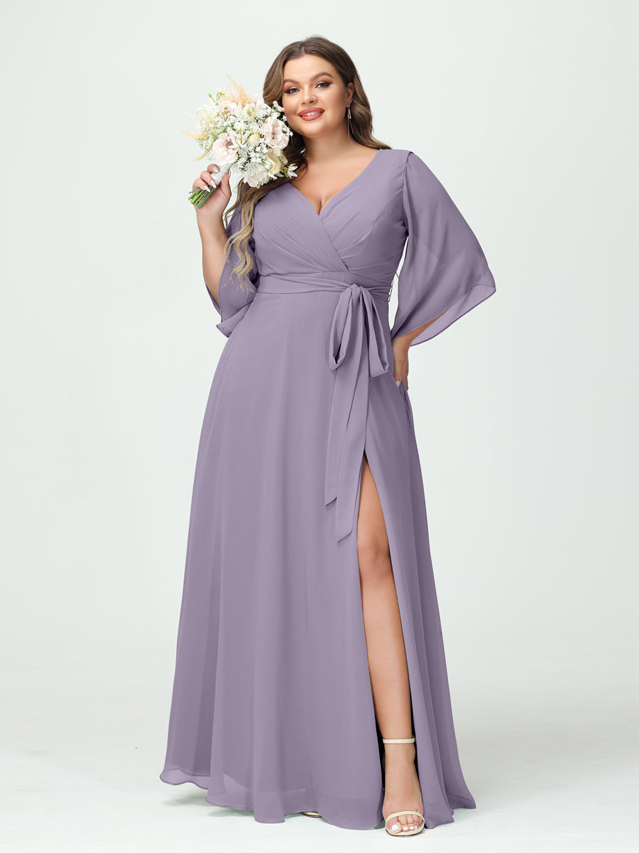 A-Line/Princess V-Neck Long Sleeves Chiffon Split Side Plus Size Bridesmaid Dresses With Pockets Belt - 画像 (39)