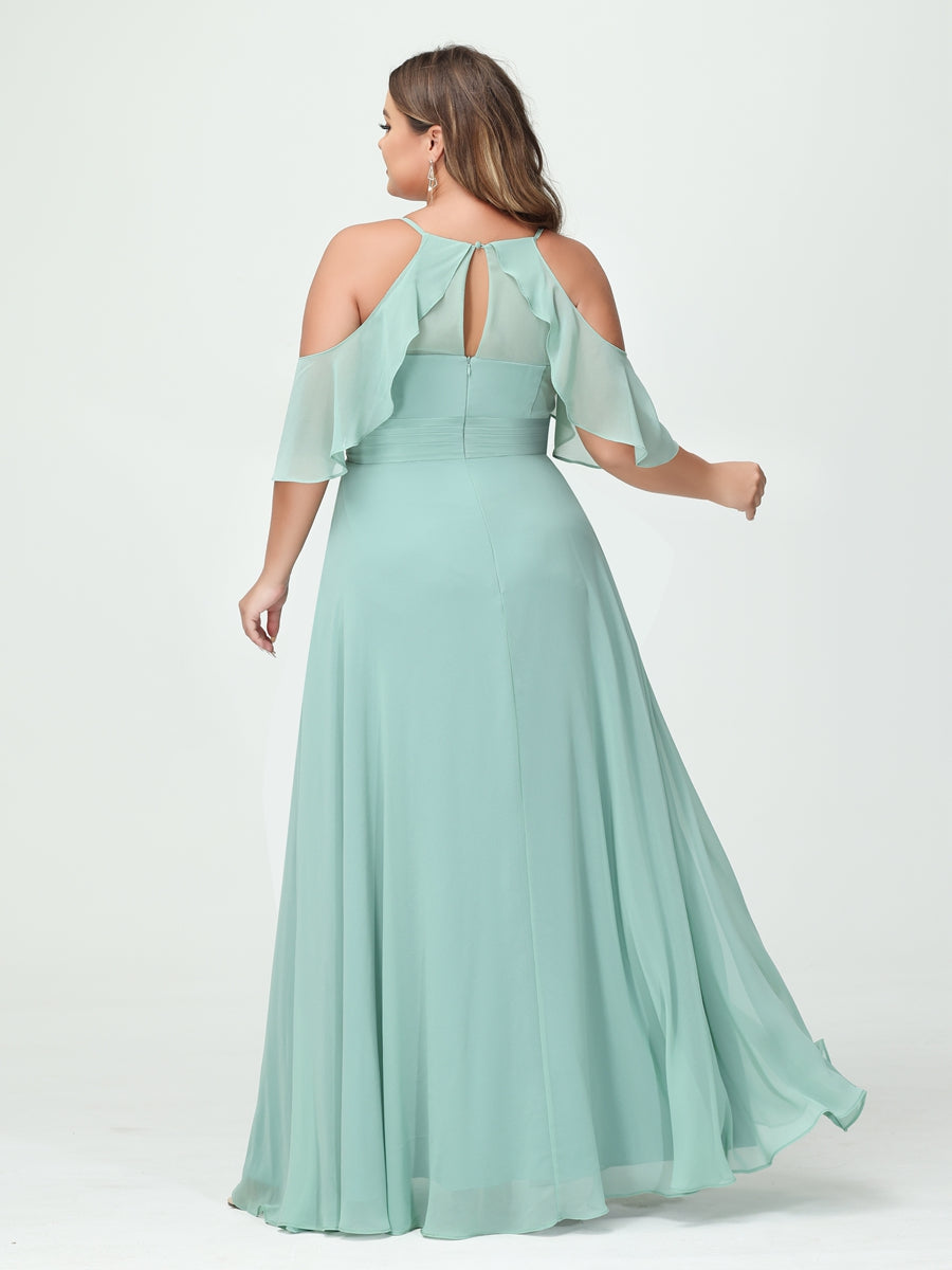 A-Line/Princess Spaghetti Straps Short Sleeves Chiffon Ruched Split Side Plus Size Bridesmaid Dresses with Pockets - 이미지 2