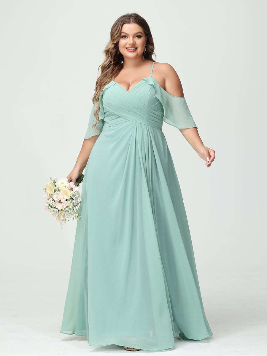 A-Line/Princess Spaghetti Straps Short Sleeves Chiffon Ruched Split Side Plus Size Bridesmaid Dresses with Pockets - 이미지 3