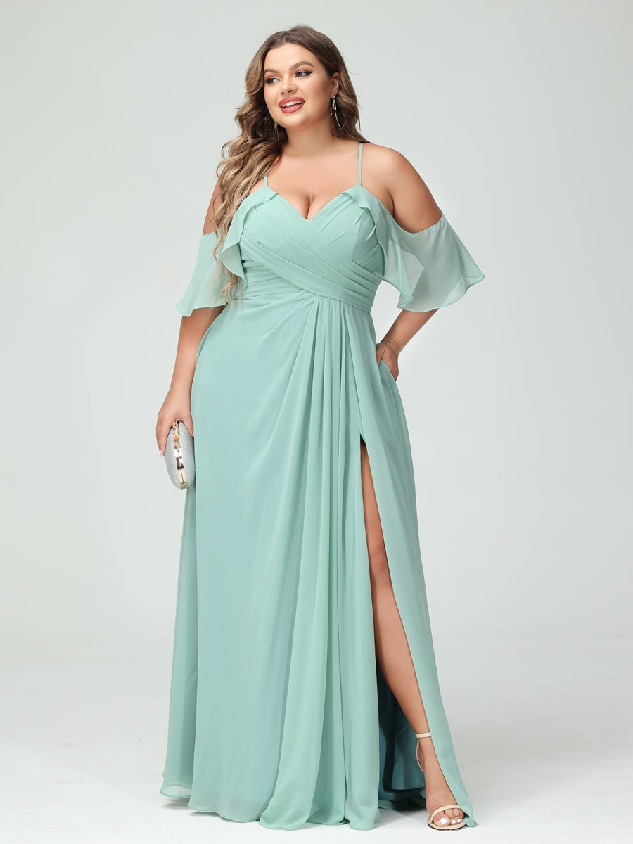 A-Line/Princess Spaghetti Straps Short Sleeves Chiffon Ruched Split Side Plus Size Bridesmaid Dresses with Pockets - 이미지 4