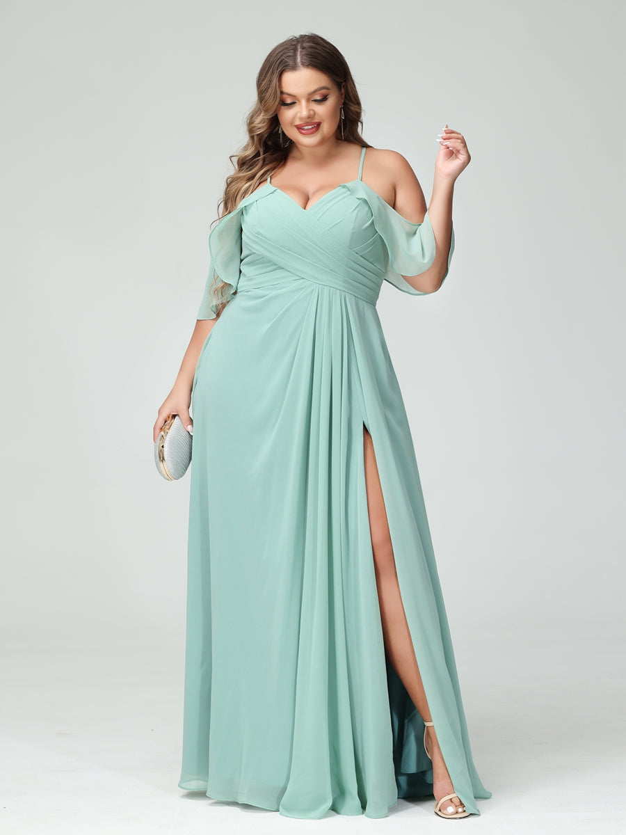 A-Line/Princess Spaghetti Straps Short Sleeves Chiffon Ruched Split Side Plus Size Bridesmaid Dresses with Pockets - 이미지 5