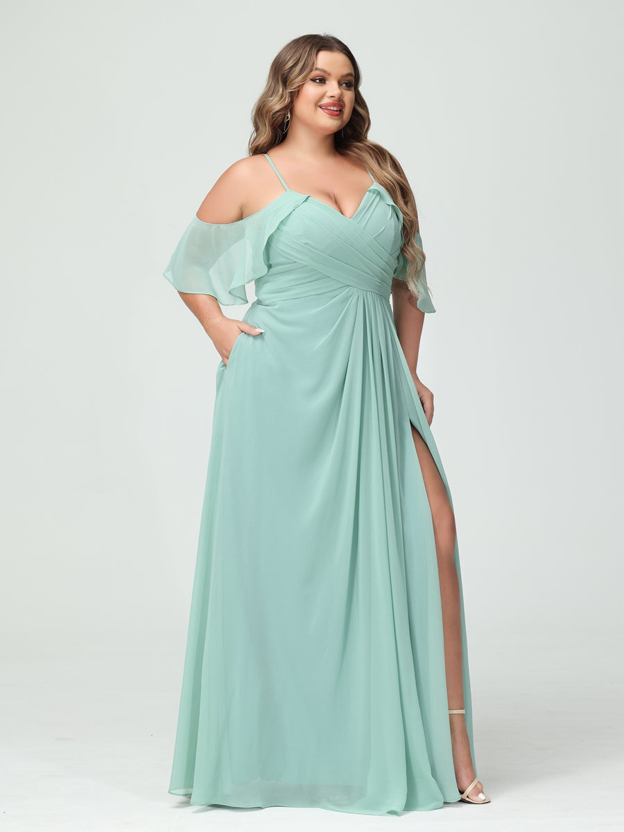 A-Line/Princess Spaghetti Straps Short Sleeves Chiffon Ruched Split Side Plus Size Bridesmaid Dresses with Pockets - 이미지 6