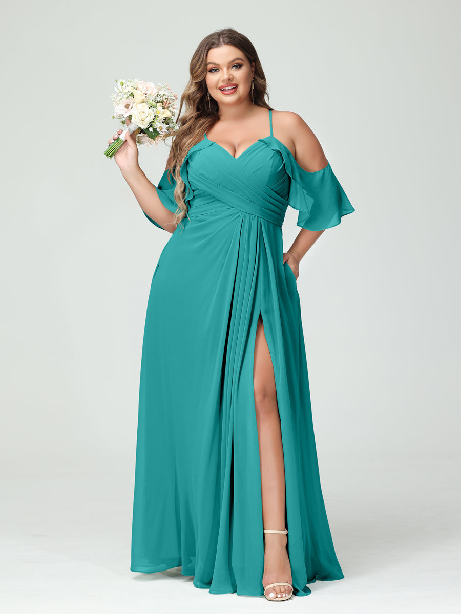A-Line/Princess Spaghetti Straps Short Sleeves Chiffon Ruched Split Side Plus Size Bridesmaid Dresses with Pockets - 이미지 52