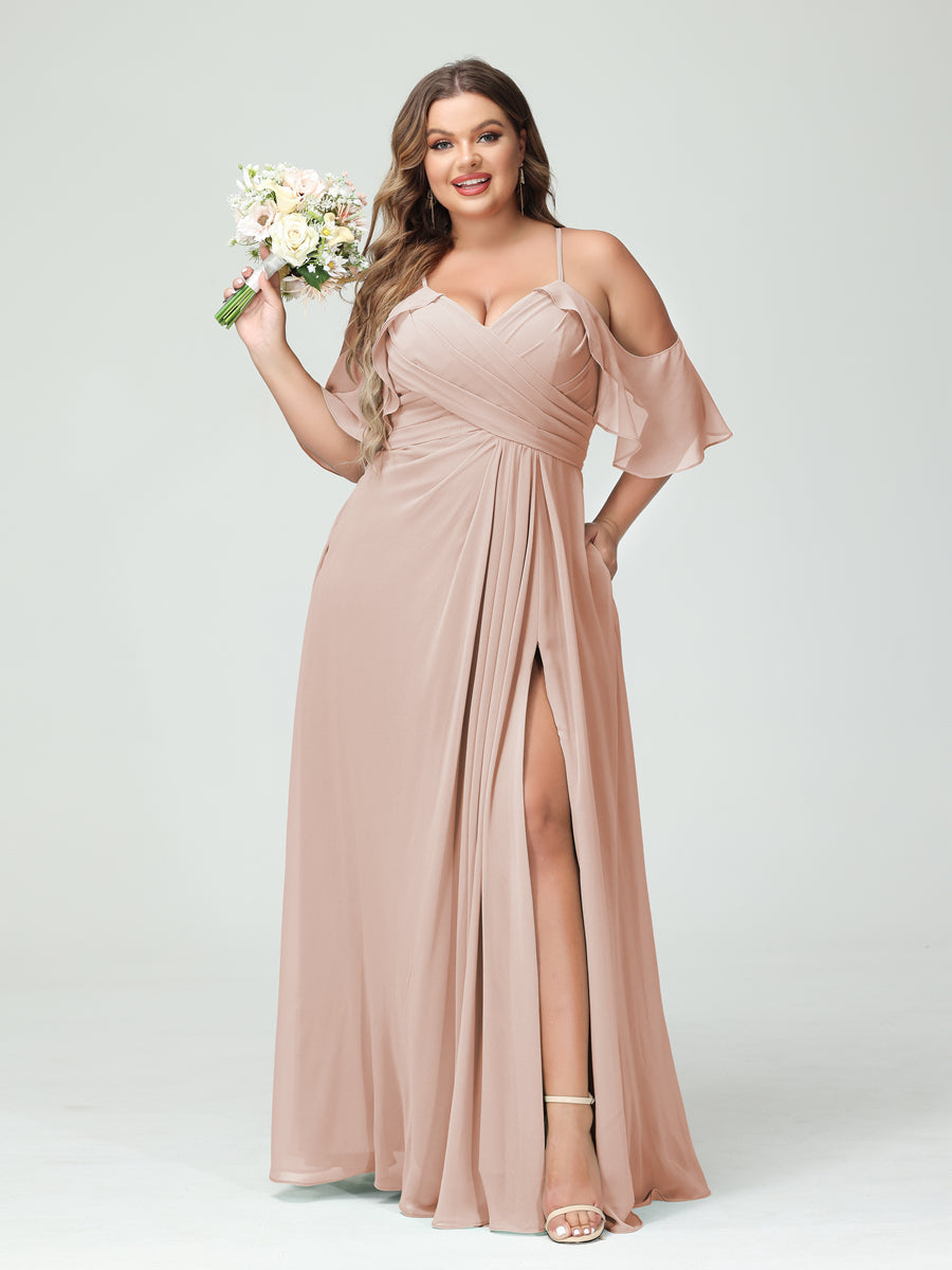 A-Line/Princess Spaghetti Straps Short Sleeves Chiffon Ruched Split Side Plus Size Bridesmaid Dresses with Pockets - 이미지 28