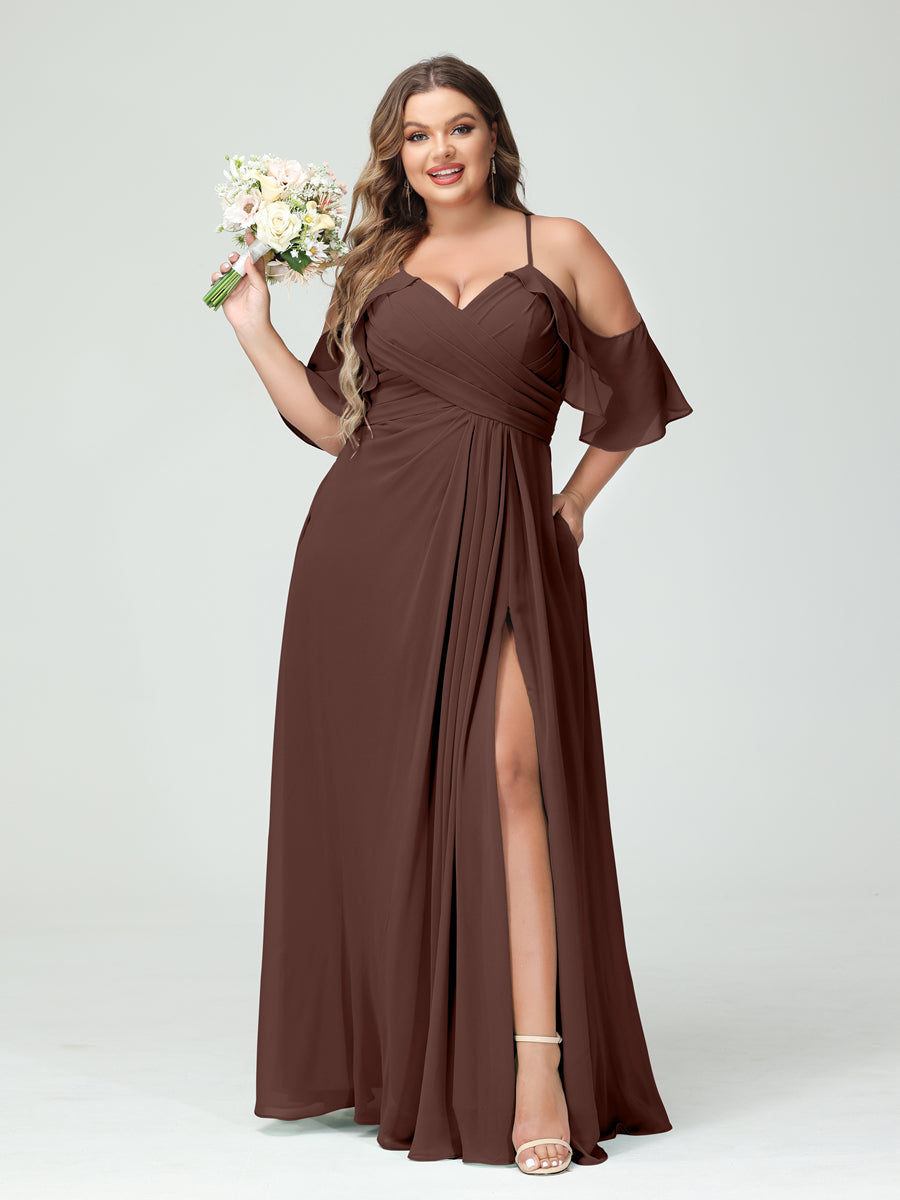 A-Line/Princess Spaghetti Straps Short Sleeves Chiffon Ruched Split Side Plus Size Bridesmaid Dresses with Pockets - 이미지 76