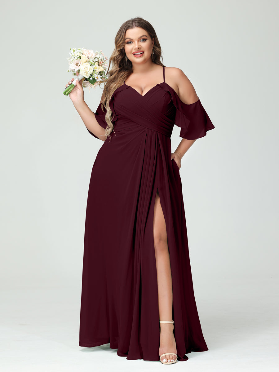 A-Line/Princess Spaghetti Straps Short Sleeves Chiffon Ruched Split Side Plus Size Bridesmaid Dresses with Pockets - 이미지 12