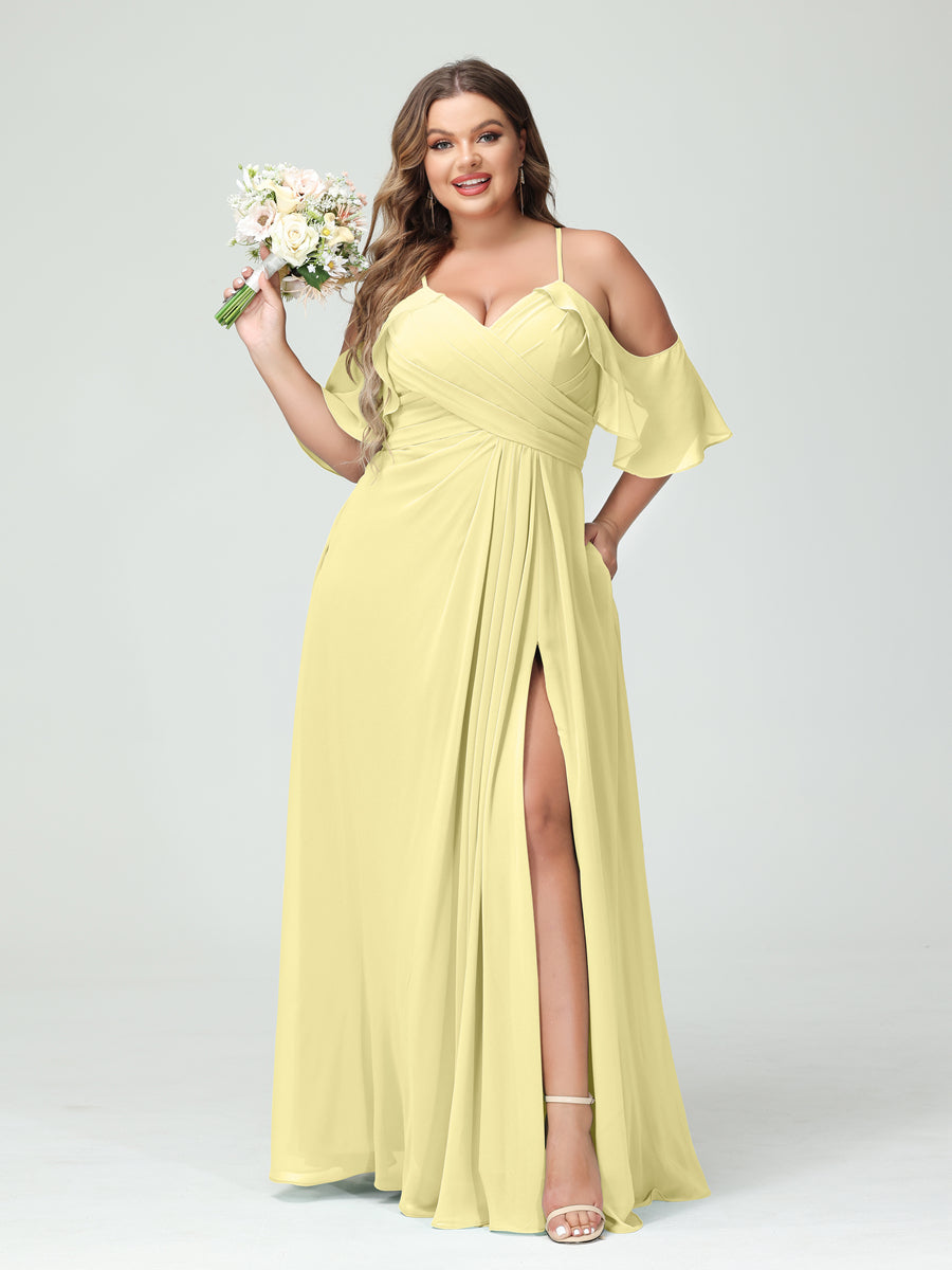 A-Line/Princess Spaghetti Straps Short Sleeves Chiffon Ruched Split Side Plus Size Bridesmaid Dresses with Pockets - 이미지 69
