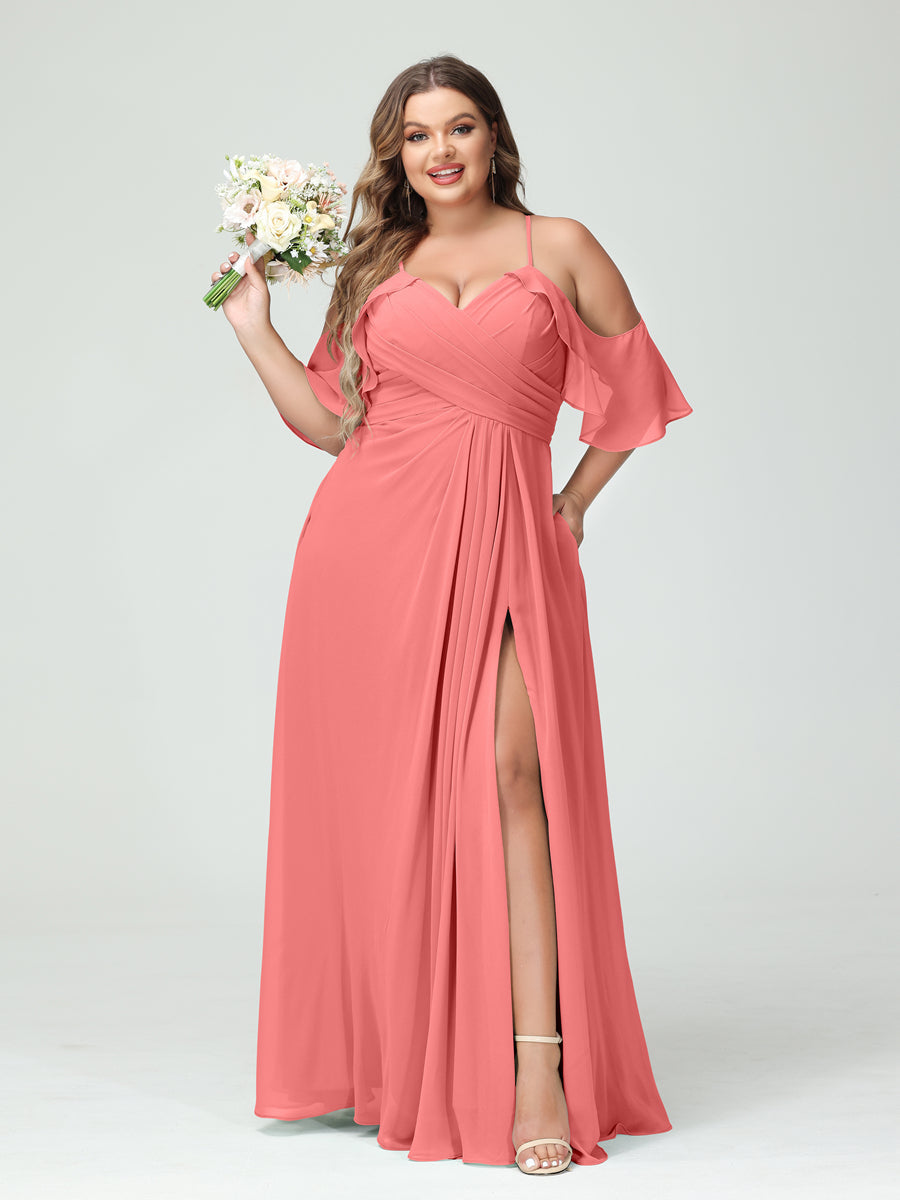 A-Line/Princess Spaghetti Straps Short Sleeves Chiffon Ruched Split Side Plus Size Bridesmaid Dresses with Pockets - 이미지 32