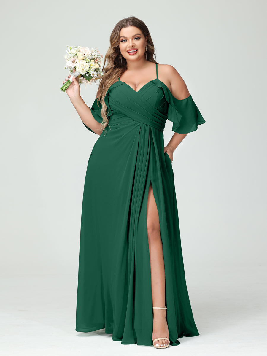 A-Line/Princess Spaghetti Straps Short Sleeves Chiffon Ruched Split Side Plus Size Bridesmaid Dresses with Pockets - 이미지 11