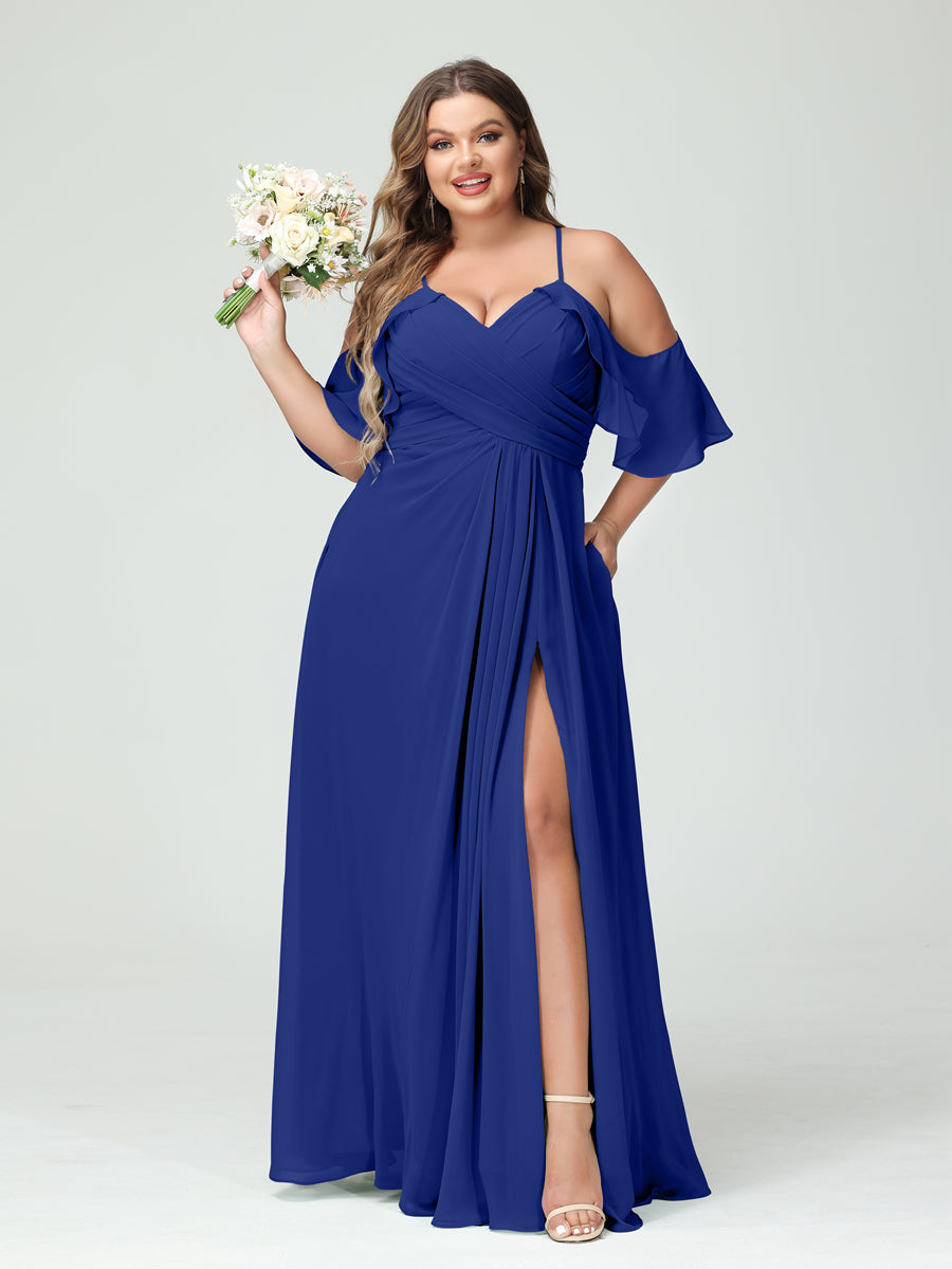 A-Line/Princess Spaghetti Straps Short Sleeves Chiffon Ruched Split Side Plus Size Bridesmaid Dresses with Pockets - 이미지 56