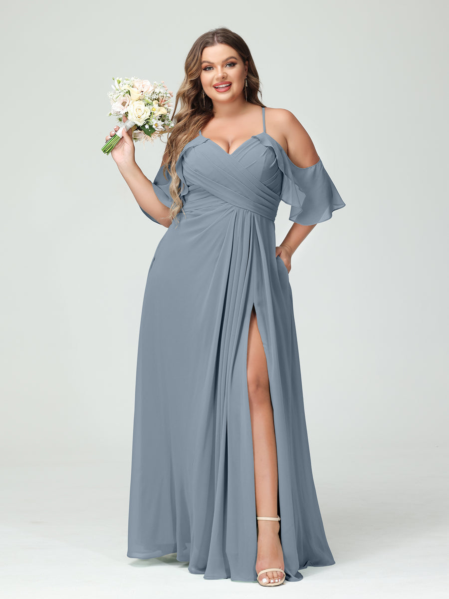 A-Line/Princess Spaghetti Straps Short Sleeves Chiffon Ruched Split Side Plus Size Bridesmaid Dresses with Pockets - 이미지 8