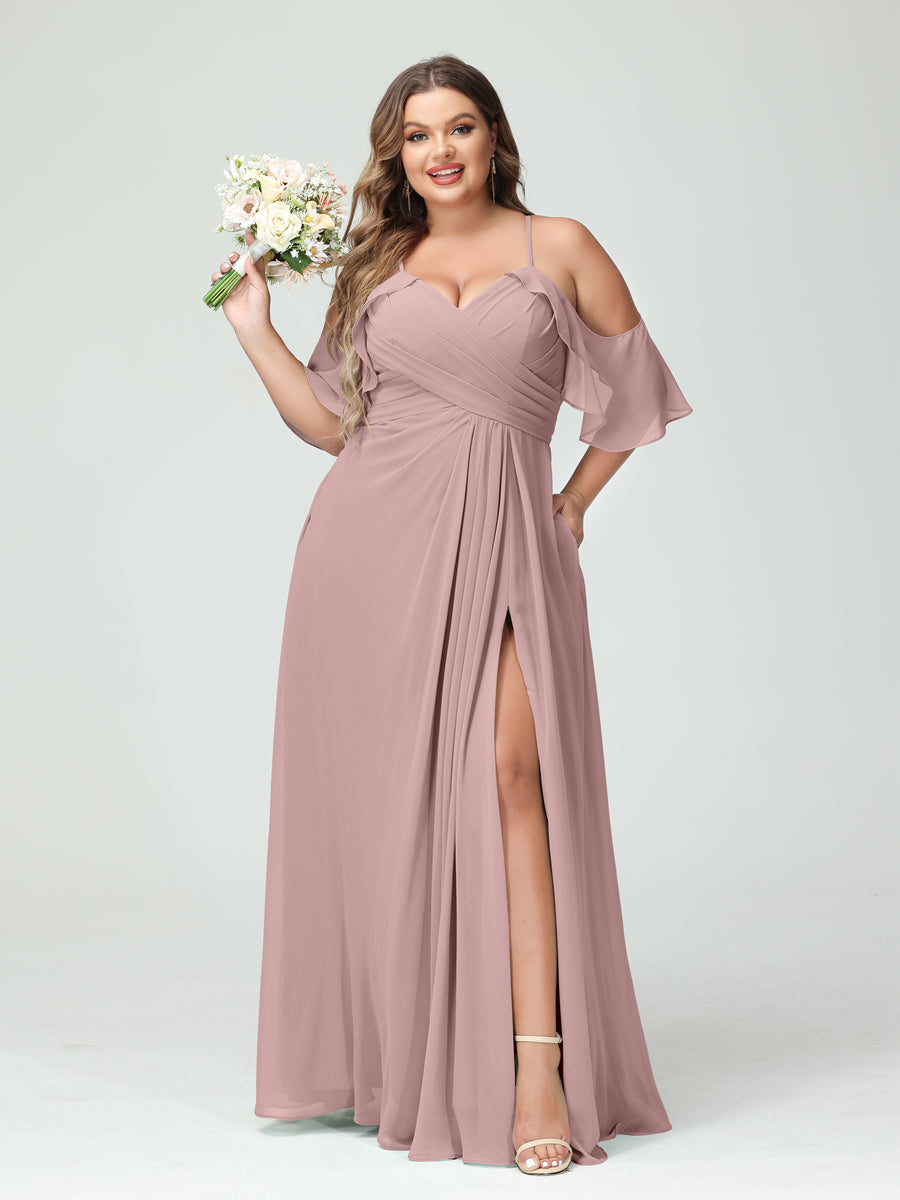 A-Line/Princess Spaghetti Straps Short Sleeves Chiffon Ruched Split Side Plus Size Bridesmaid Dresses with Pockets - 이미지 30
