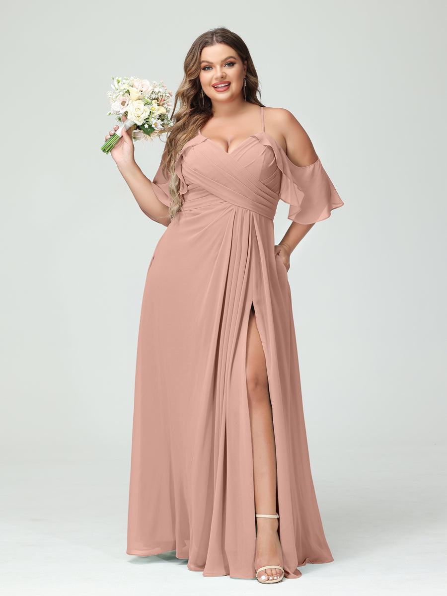 A-Line/Princess Spaghetti Straps Short Sleeves Chiffon Ruched Split Side Plus Size Bridesmaid Dresses with Pockets - 이미지 7