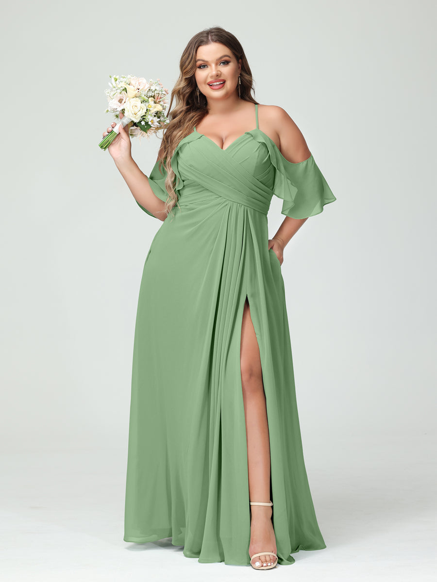 A-Line/Princess Spaghetti Straps Short Sleeves Chiffon Ruched Split Side Plus Size Bridesmaid Dresses with Pockets - 이미지 16