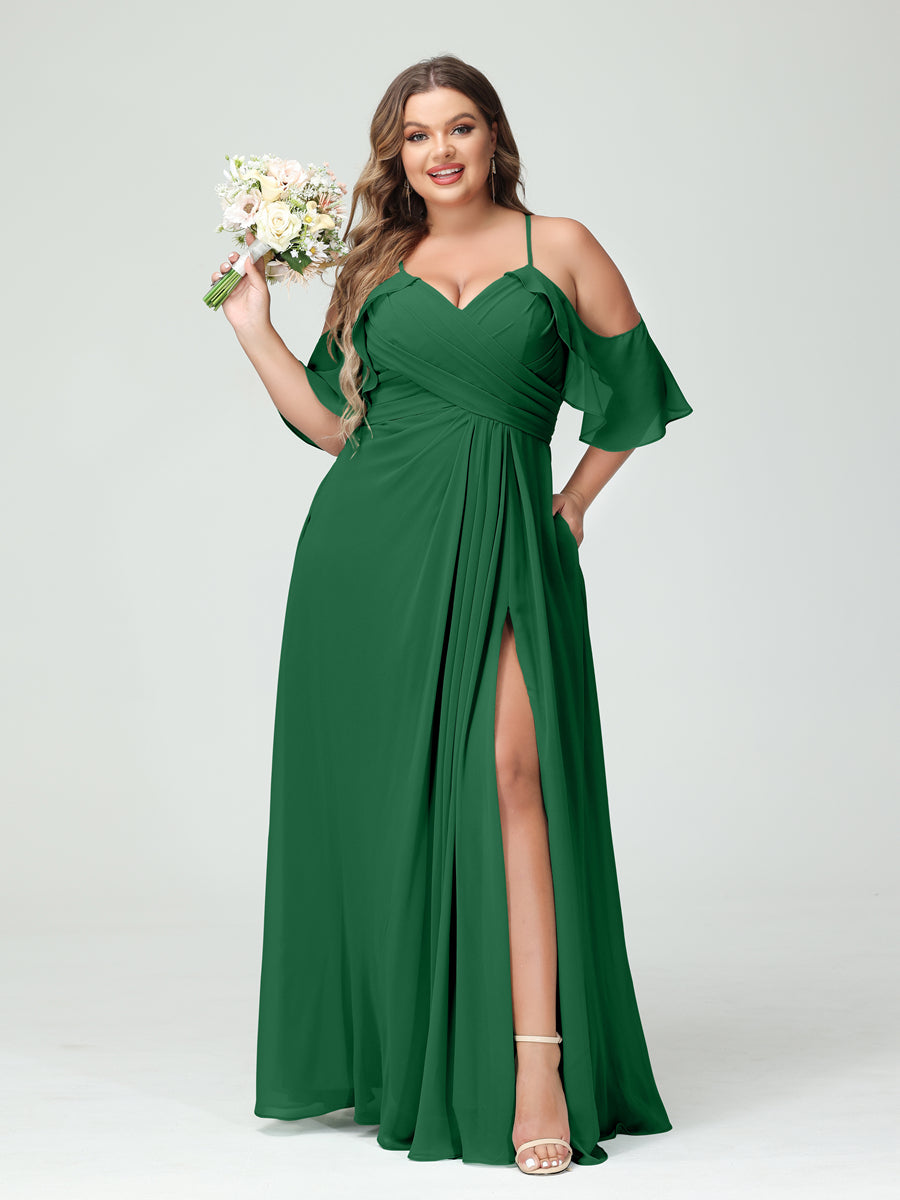 A-Line/Princess Spaghetti Straps Short Sleeves Chiffon Ruched Split Side Plus Size Bridesmaid Dresses with Pockets - 이미지 67