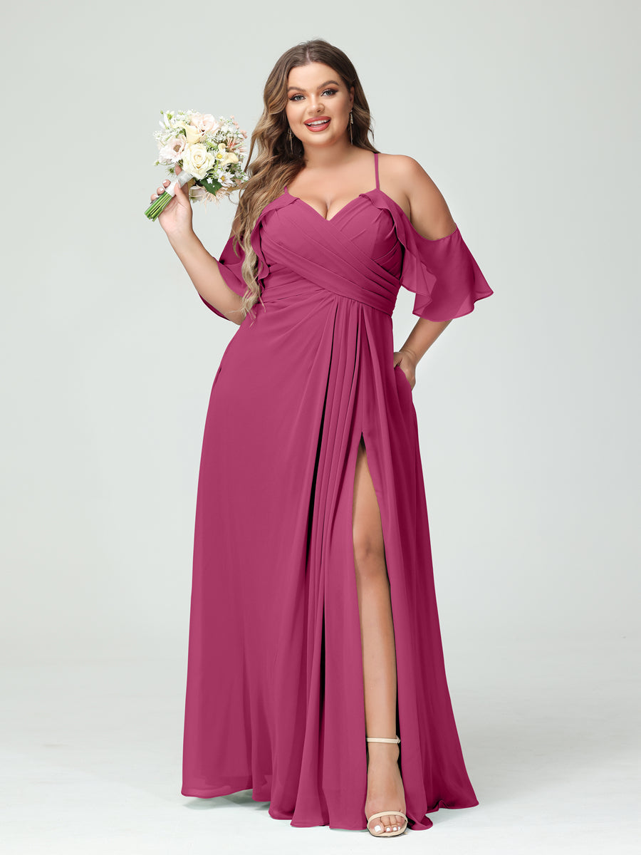 A-Line/Princess Spaghetti Straps Short Sleeves Chiffon Ruched Split Side Plus Size Bridesmaid Dresses with Pockets - 이미지 35