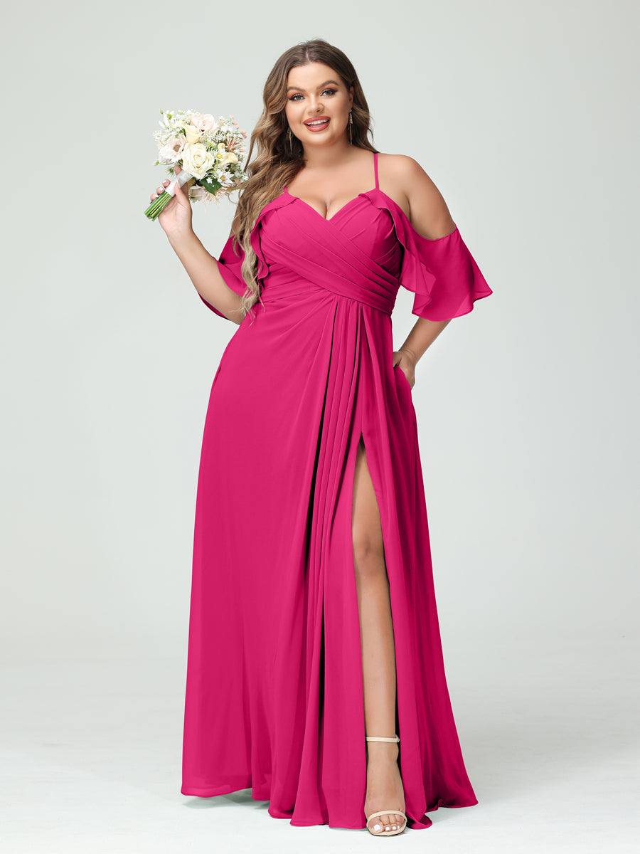 A-Line/Princess Spaghetti Straps Short Sleeves Chiffon Ruched Split Side Plus Size Bridesmaid Dresses with Pockets - 이미지 34