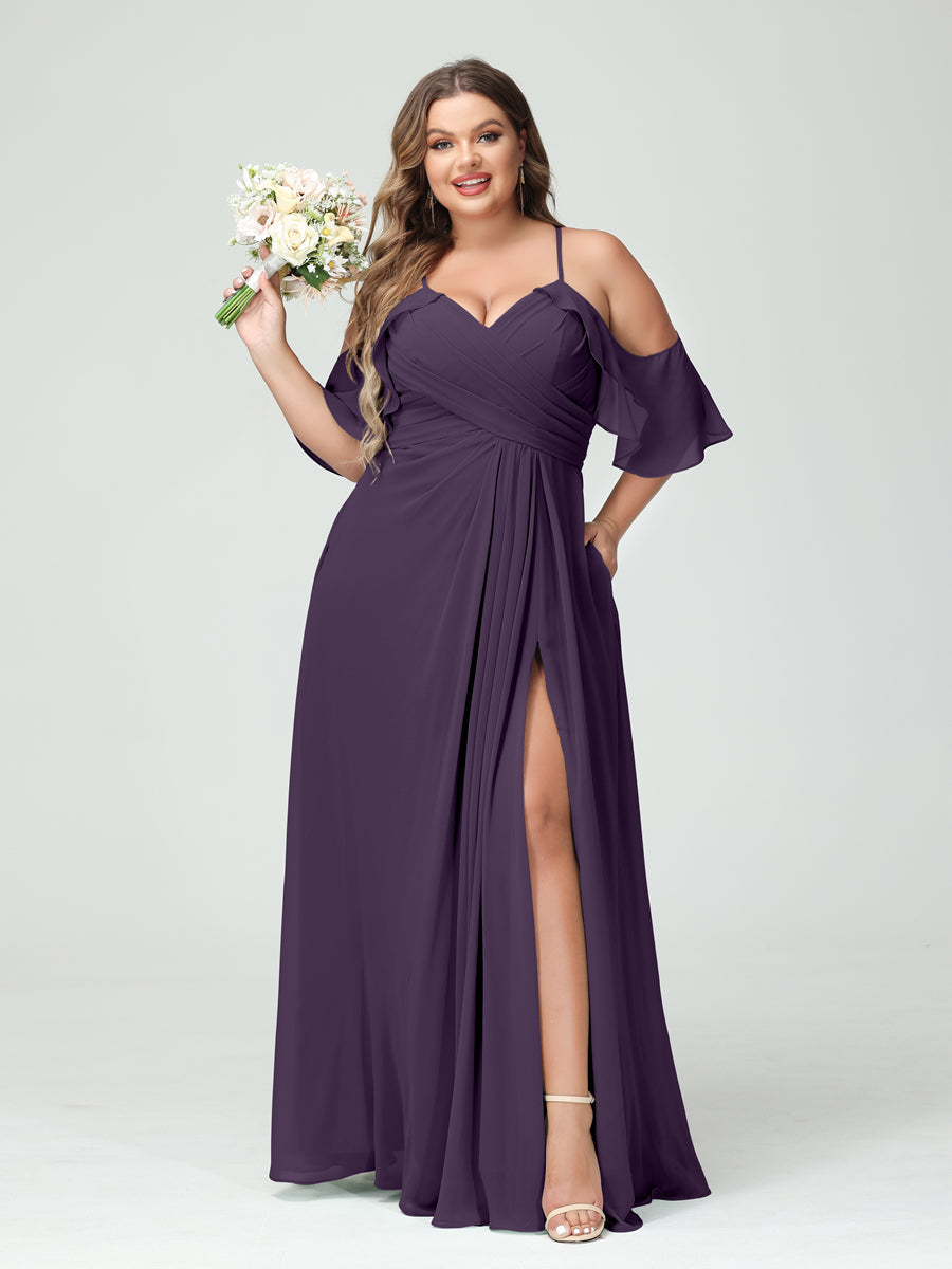 A-Line/Princess Spaghetti Straps Short Sleeves Chiffon Ruched Split Side Plus Size Bridesmaid Dresses with Pockets - 이미지 45
