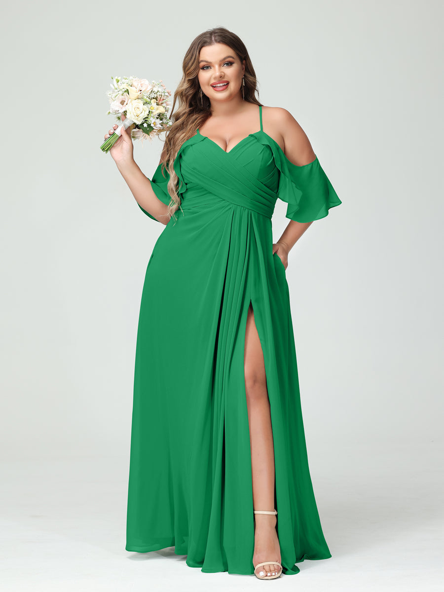 A-Line/Princess Spaghetti Straps Short Sleeves Chiffon Ruched Split Side Plus Size Bridesmaid Dresses with Pockets - 이미지 64