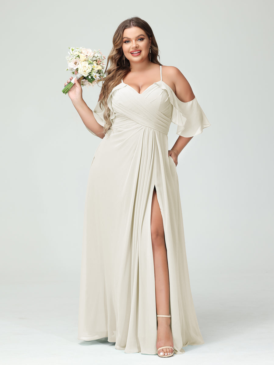 A-Line/Princess Spaghetti Straps Short Sleeves Chiffon Ruched Split Side Plus Size Bridesmaid Dresses with Pockets - 이미지 21