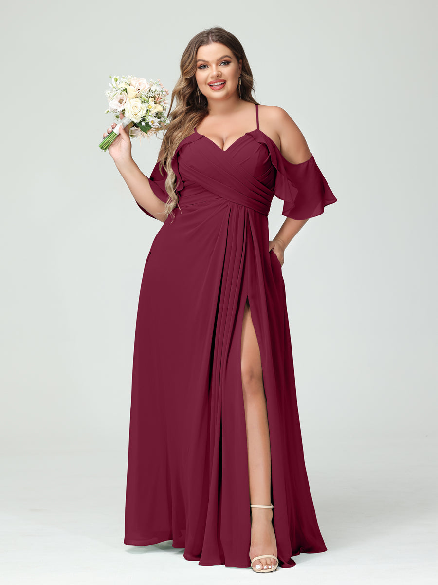 A-Line/Princess Spaghetti Straps Short Sleeves Chiffon Ruched Split Side Plus Size Bridesmaid Dresses with Pockets - 이미지 38