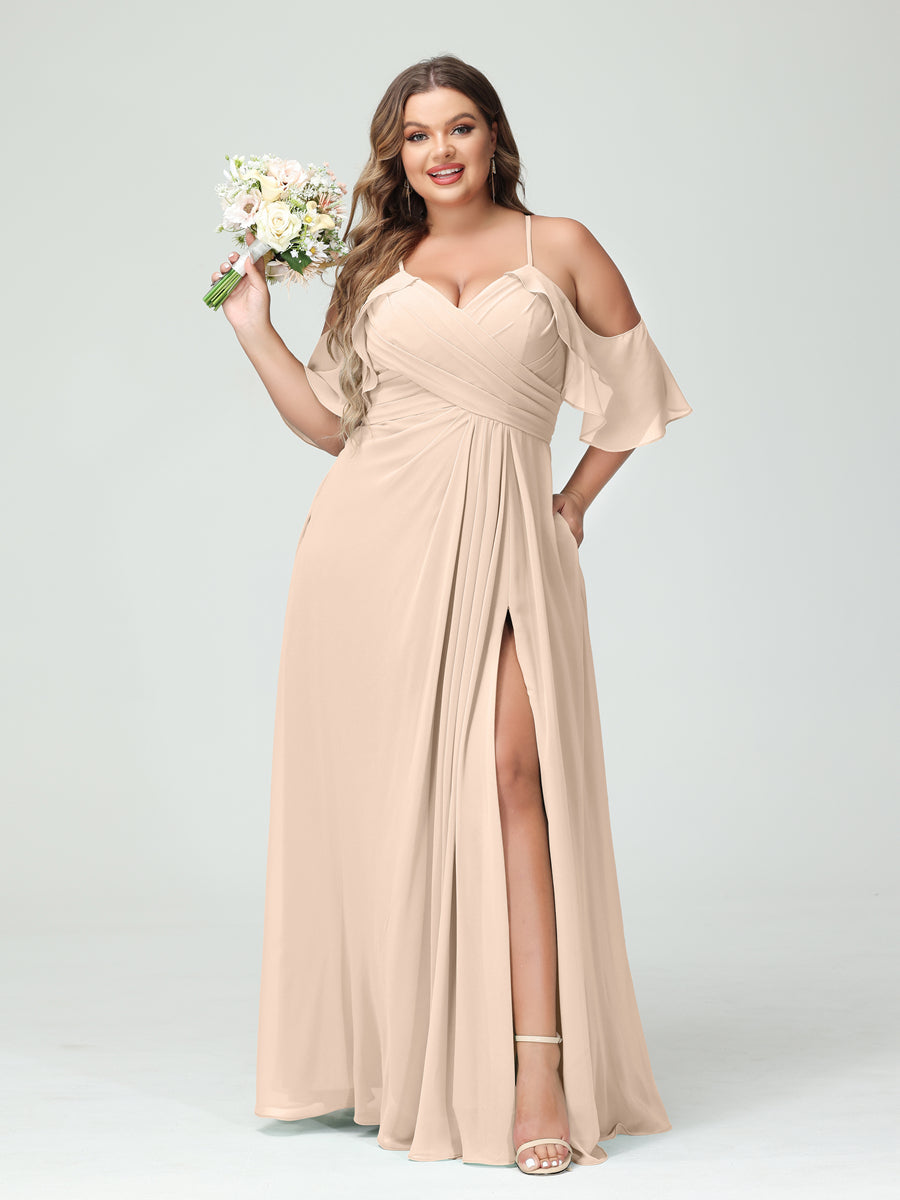 A-Line/Princess Spaghetti Straps Short Sleeves Chiffon Ruched Split Side Plus Size Bridesmaid Dresses with Pockets - 이미지 23