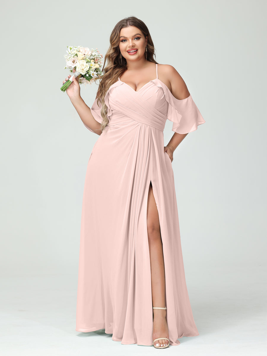A-Line/Princess Spaghetti Straps Short Sleeves Chiffon Ruched Split Side Plus Size Bridesmaid Dresses with Pockets - 이미지 27