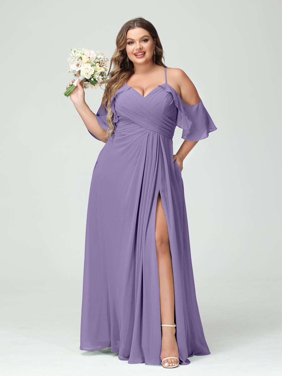 A-Line/Princess Spaghetti Straps Short Sleeves Chiffon Ruched Split Side Plus Size Bridesmaid Dresses with Pockets - 이미지 41