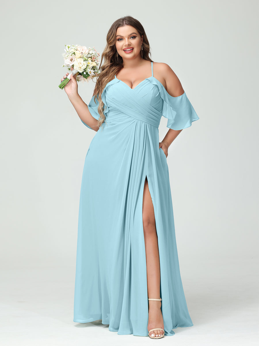 A-Line/Princess Spaghetti Straps Short Sleeves Chiffon Ruched Split Side Plus Size Bridesmaid Dresses with Pockets - 이미지 49