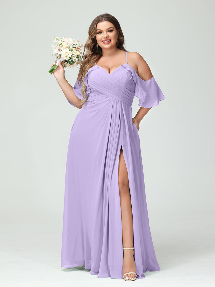 A-Line/Princess Spaghetti Straps Short Sleeves Chiffon Ruched Split Side Plus Size Bridesmaid Dresses with Pockets - 이미지 14