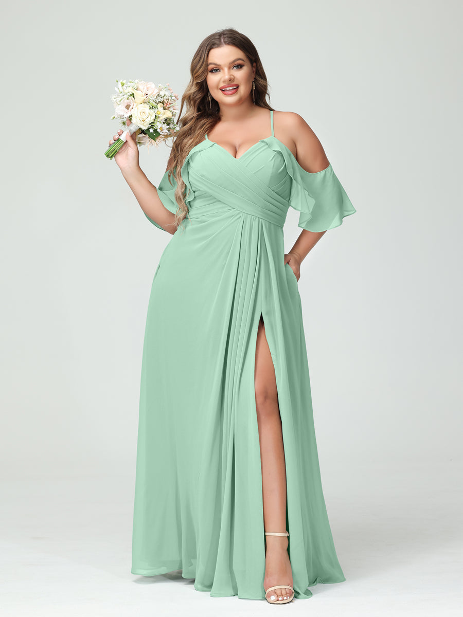 A-Line/Princess Spaghetti Straps Short Sleeves Chiffon Ruched Split Side Plus Size Bridesmaid Dresses with Pockets - 이미지 61