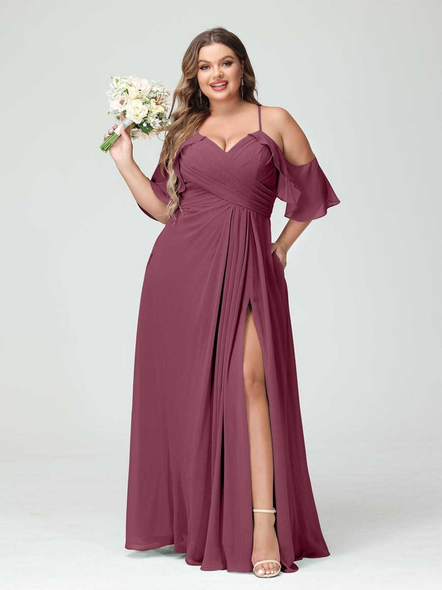 A-Line/Princess Spaghetti Straps Short Sleeves Chiffon Ruched Split Side Plus Size Bridesmaid Dresses with Pockets - 이미지 43