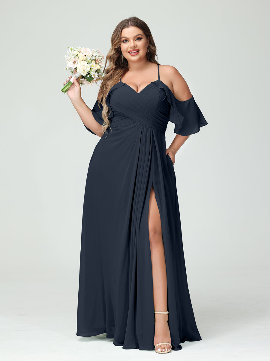 A-Line/Princess Spaghetti Straps Short Sleeves Chiffon Ruched Split Side Plus Size Bridesmaid Dresses with Pockets - 이미지 59