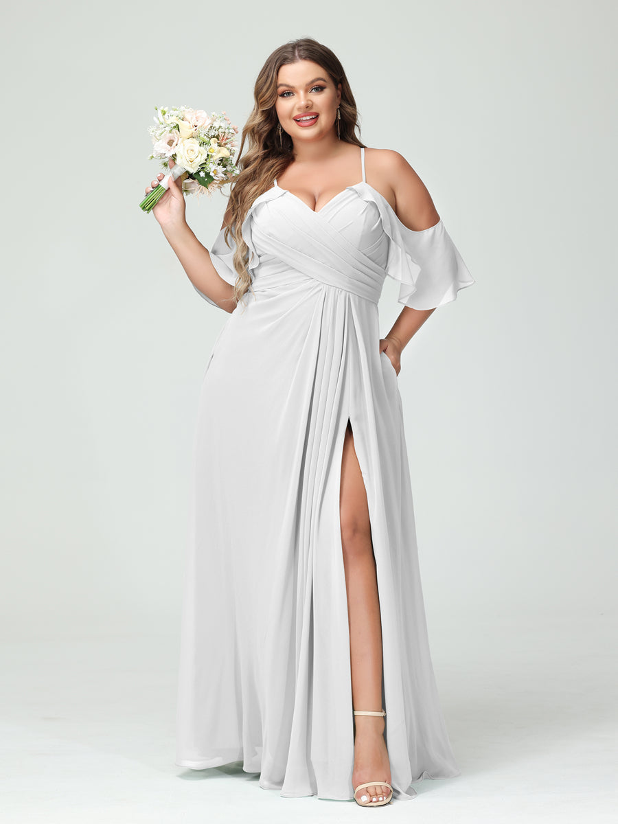 A-Line/Princess Spaghetti Straps Short Sleeves Chiffon Ruched Split Side Plus Size Bridesmaid Dresses with Pockets - 이미지 20