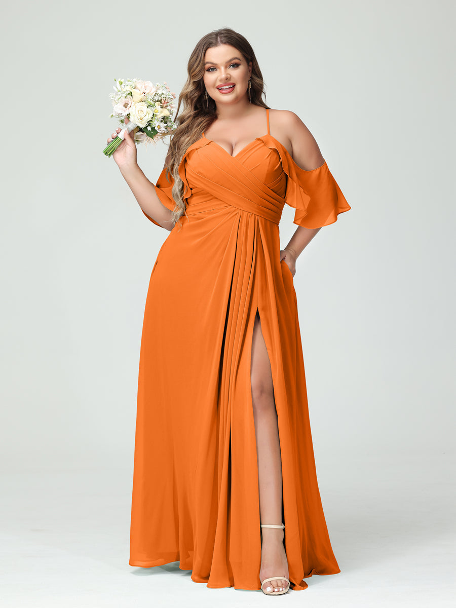 A-Line/Princess Spaghetti Straps Short Sleeves Chiffon Ruched Split Side Plus Size Bridesmaid Dresses with Pockets - 이미지 72
