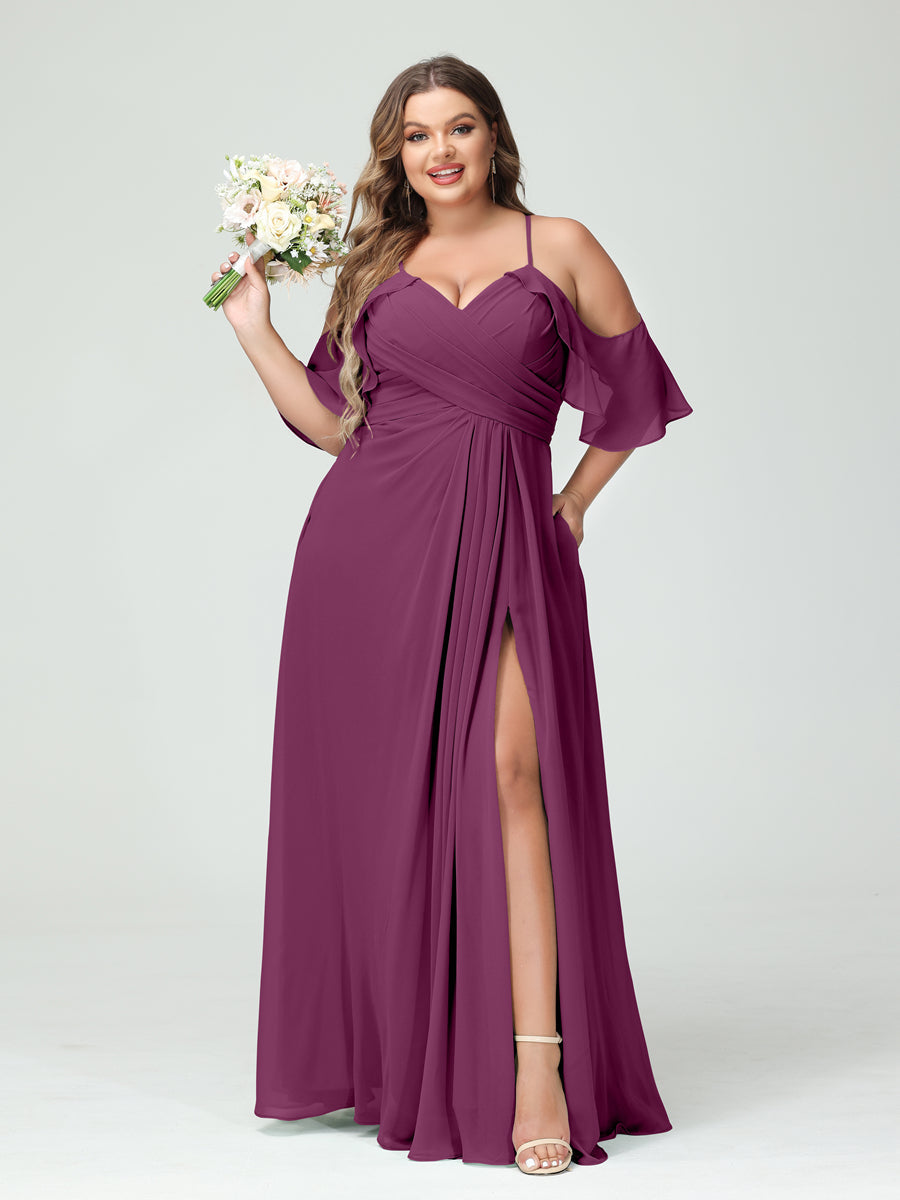 A-Line/Princess Spaghetti Straps Short Sleeves Chiffon Ruched Split Side Plus Size Bridesmaid Dresses with Pockets - 이미지 44