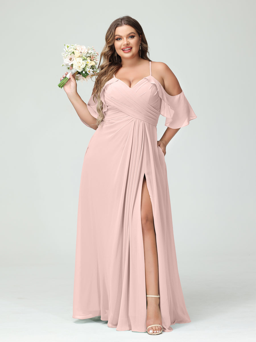 A-Line/Princess Spaghetti Straps Short Sleeves Chiffon Ruched Split Side Plus Size Bridesmaid Dresses with Pockets - 이미지 26