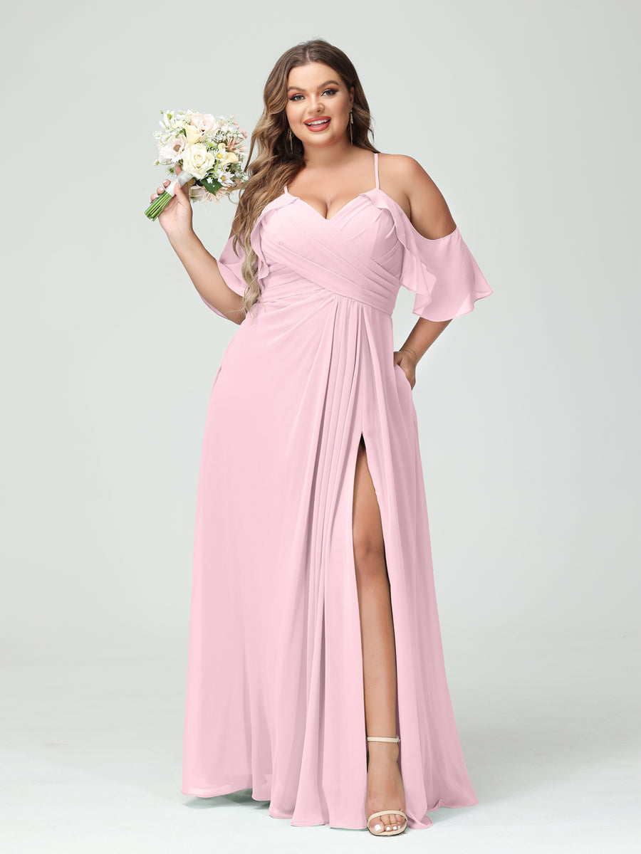 A-Line/Princess Spaghetti Straps Short Sleeves Chiffon Ruched Split Side Plus Size Bridesmaid Dresses with Pockets - 이미지 25