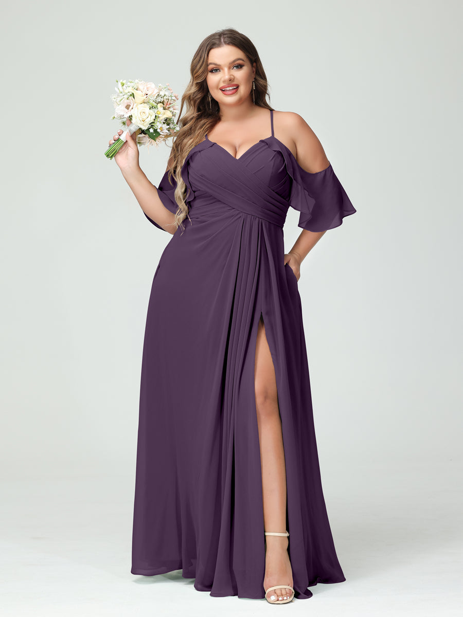 A-Line/Princess Spaghetti Straps Short Sleeves Chiffon Ruched Split Side Plus Size Bridesmaid Dresses with Pockets - 이미지 46